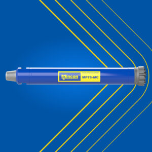 Mincon MP75-MC DTH hammer shown against a blue background with yellow diagonal lines. The tool is fully assembled and labeled with the Mincon logo and product name