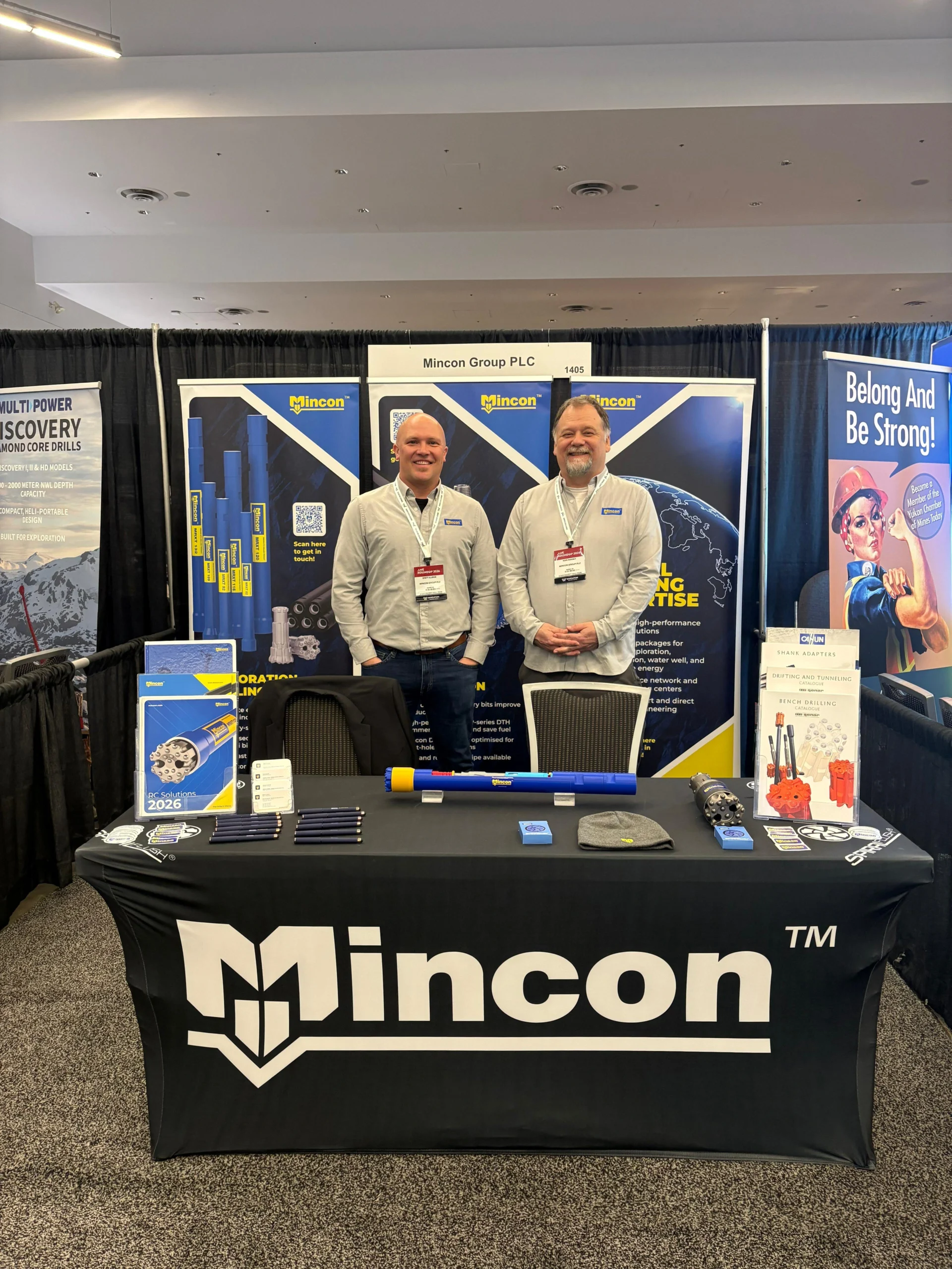 Mincon Group PLC booth at AME Roundup 2026 in Vancouver with team members and product displays